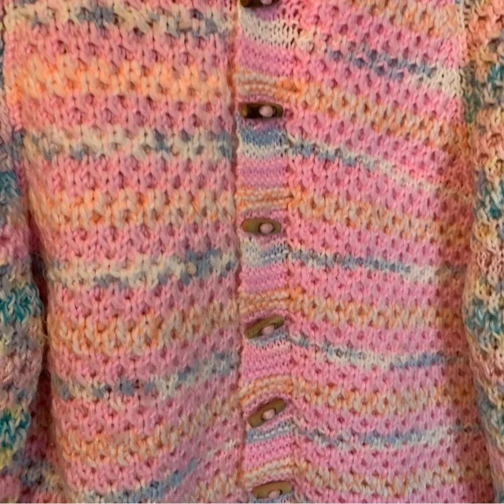 Handmade  Pink Blue Crocheted Oversized Button Front Cardigan XL - Picture 13 of 14